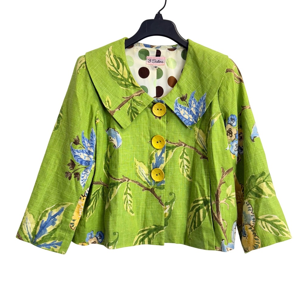 3 Sisters Lime Green Floral Linen Blend Cropped Jacket Polka Dot Lining Size M